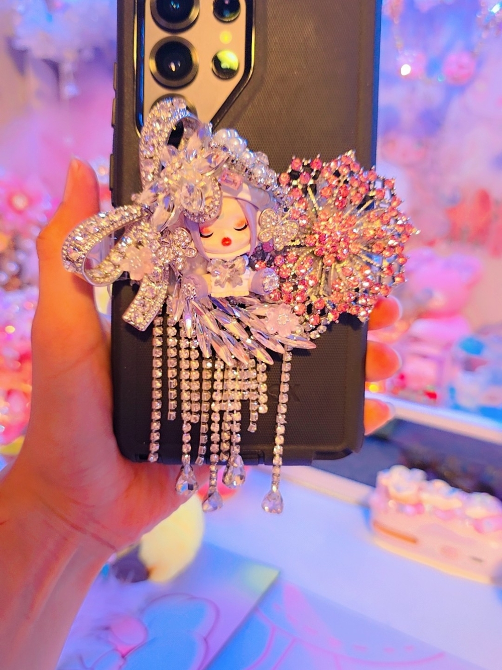 Rhinestone Floral Sp Phone Clip - Pink, Silver